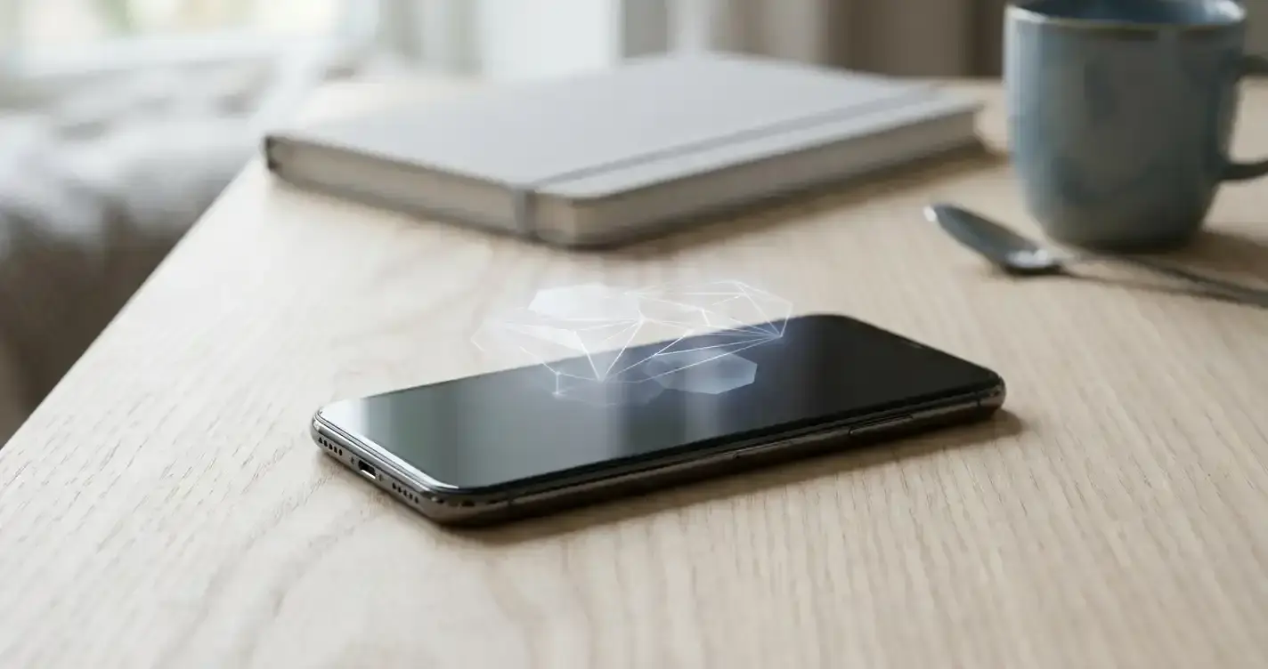 Mobiltelefon på ett skrivbord med abstrakta symboler för digital identifiering