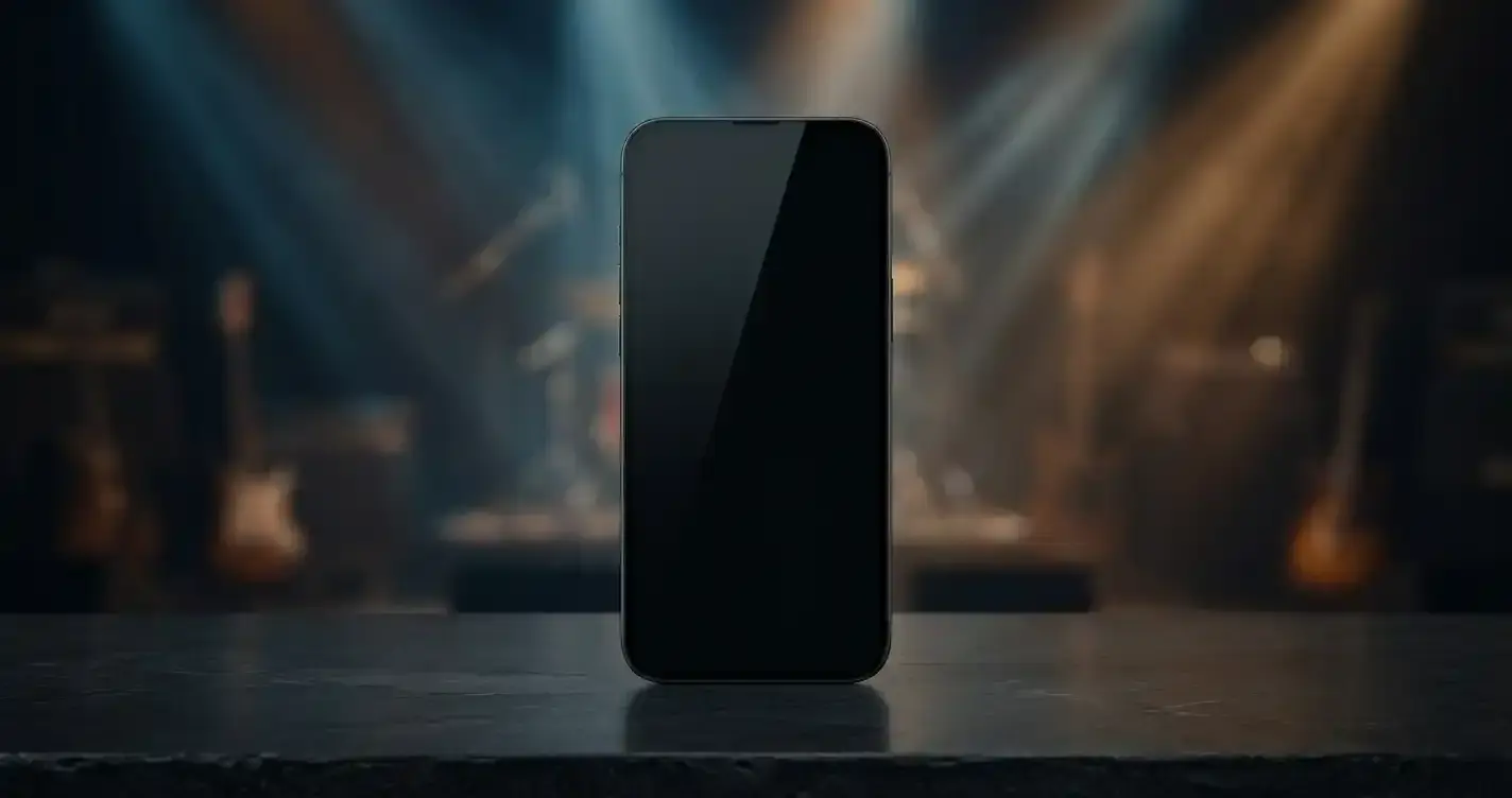 Mörk smartphoneform med diskreta ljusstråk från en gitarrscen